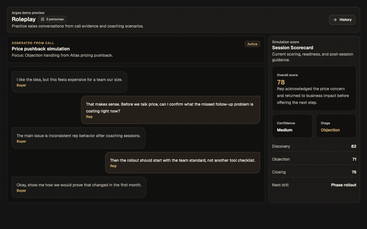 Argos roleplay showing a call-based practice simulation and scorecard.